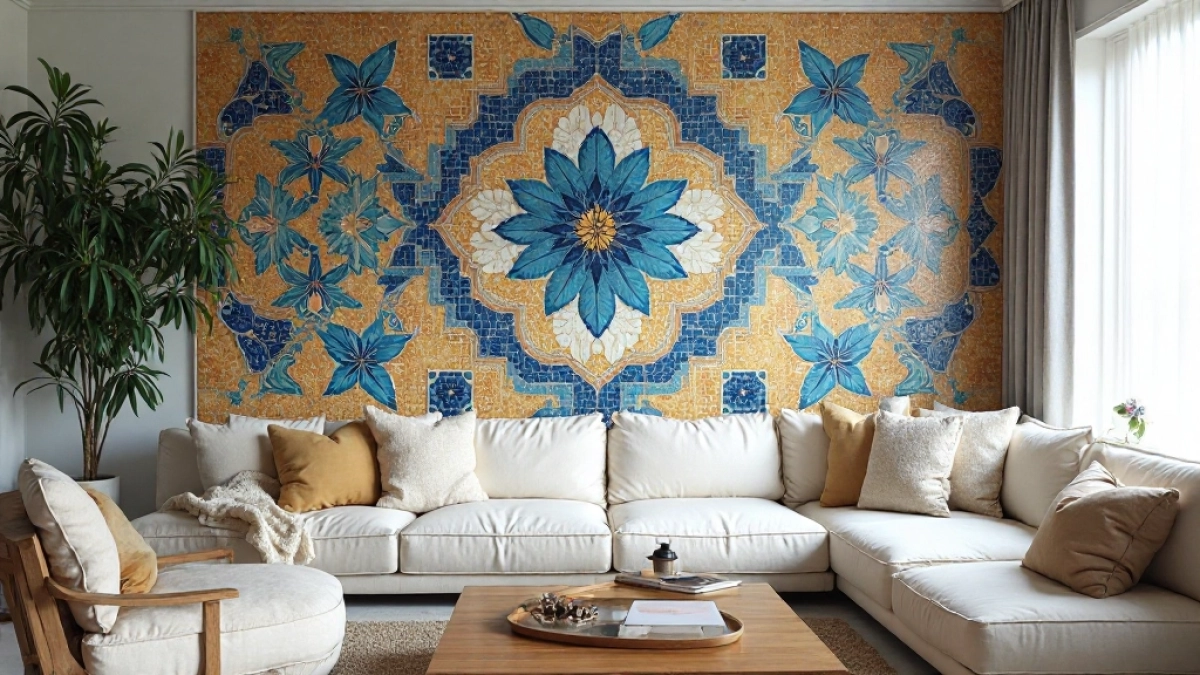 mozaika na scianie w salonie